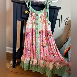 Dreamiere brand. Girls Floral Pink and Mint Tiered Sundress with Button Front
